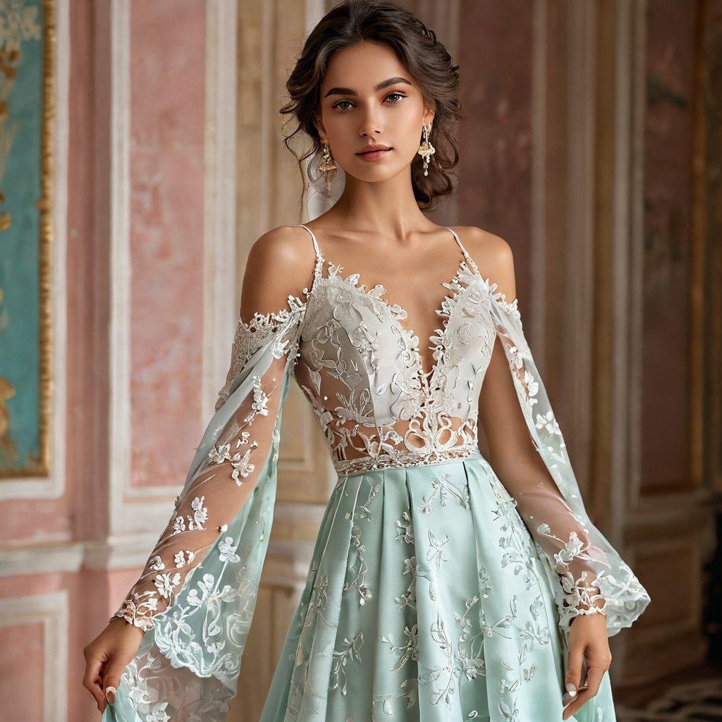 A stylish figure gracefully draped in alluring fabrics, playfully showcasing a sensuous ensemble that blends elegance with flirtation. The background features soft, dreamy pastel hues to evoke romance, while delicate, whimsical patterns subtly emerge, hinting at delicate lace and intricate embroidery. The overall vibe is enchanting, inviting the viewer into a world of fashion infused with playful charm and allure. super-realistic. vibrant colors. dreamy background.